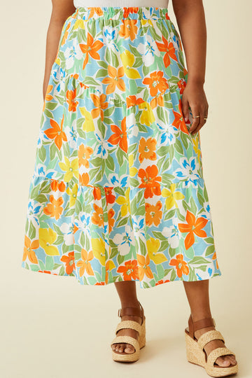 HY7097W Blue Mix Plus Vivid Floral Elastic Waist Tiered Skirt Front